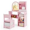 Kids vanity set in pink featuring a desk, chair, and LED lighted mirror, ideal for makeup or writing activities.