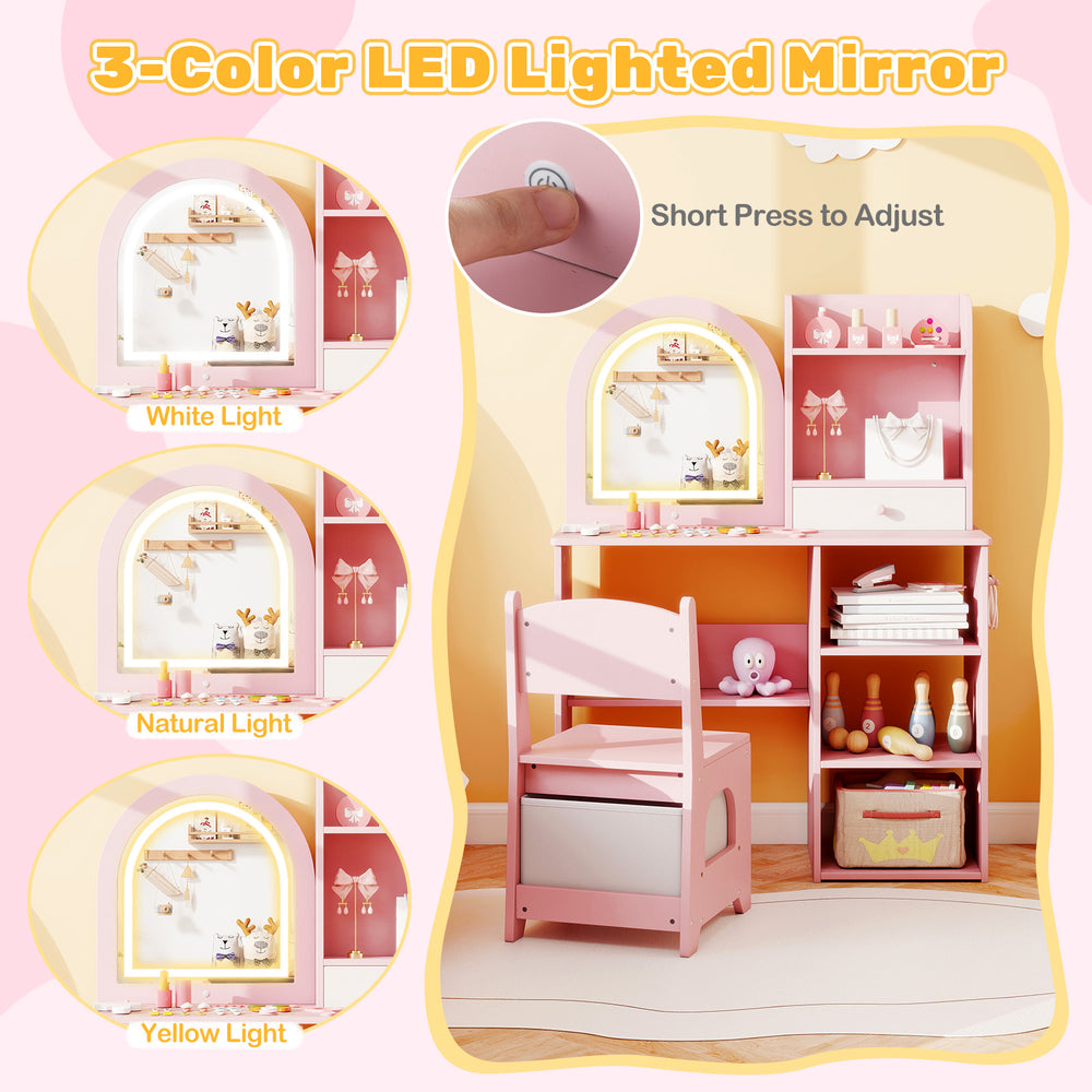 Kids vanity set in pink featuring a 3-color LED lighted mirror, open shelves, and ergonomic chair for safe play.