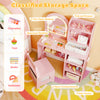Kids vanity set in pink with 3-color LED mirror, open shelves, and pull-out drawer for organized storage.
