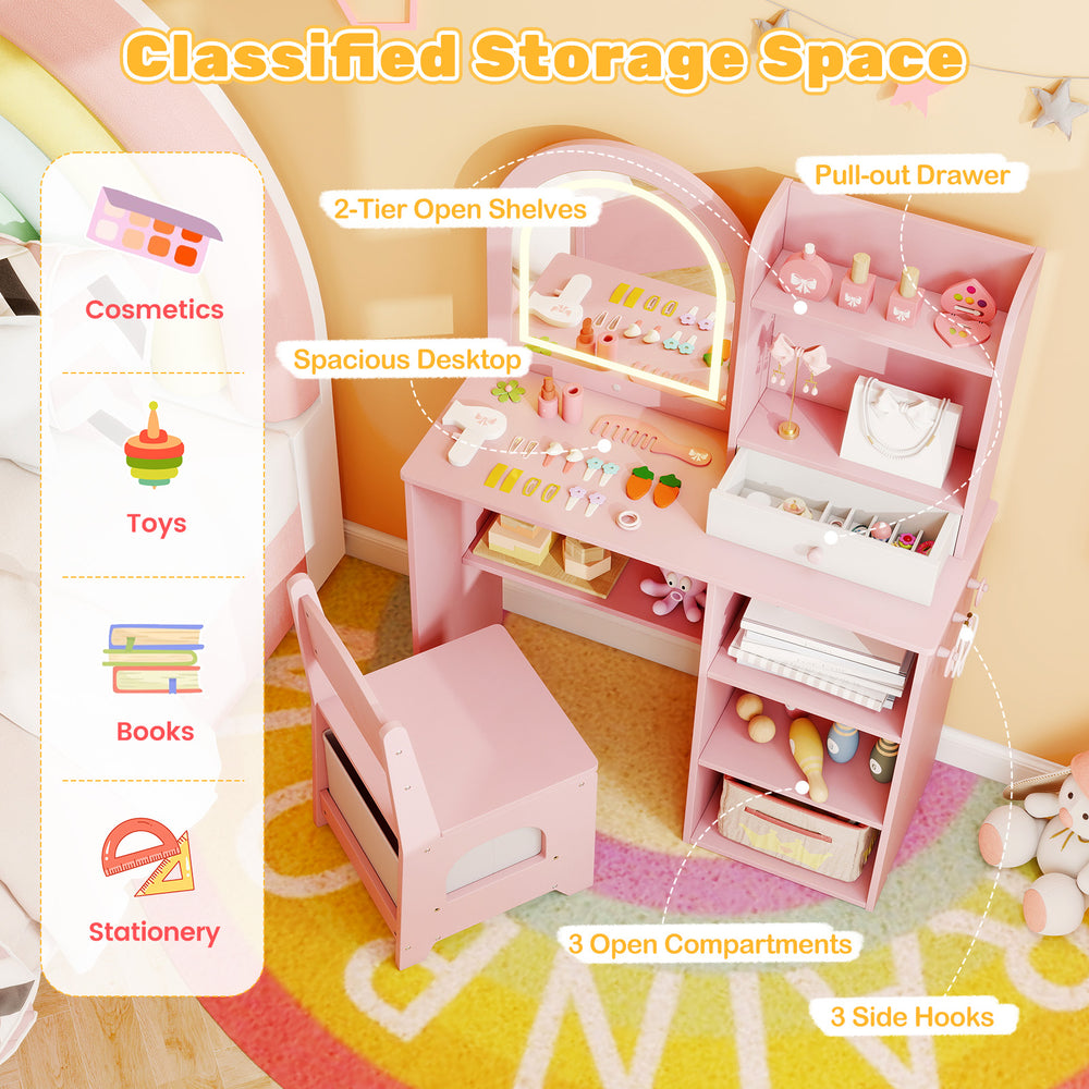 Kids vanity set in pink with 3-color LED mirror, open shelves, and pull-out drawer for organized storage.
