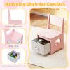 Kids vanity set with pink chair featuring an inclined backrest, wide seat, and removable fabric drawer for storage.