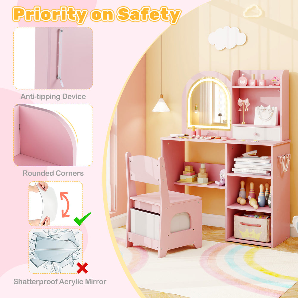 Kids vanity set in pink with LED lighted mirror, ergonomic chair, and safety features for a stylish and secure play.