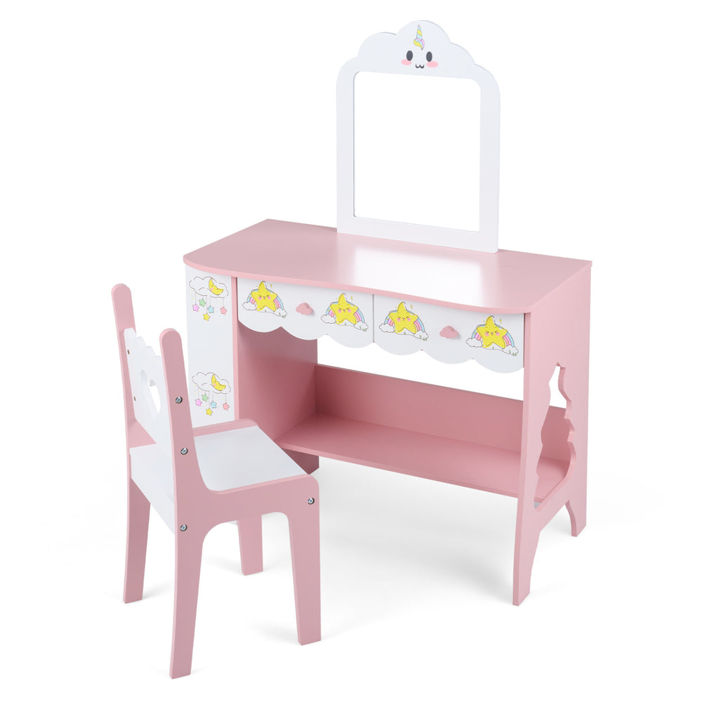 Kids vanity set with pink makeup table, mirror, and chair featuring star designs, perfect for imaginative play.