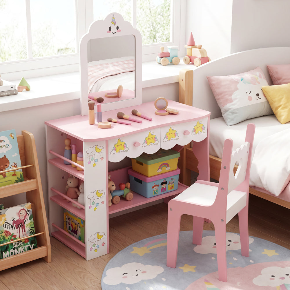 Kids vanity set with mirror and chair in white, featuring storage drawers and shelves for organized playtime activities.