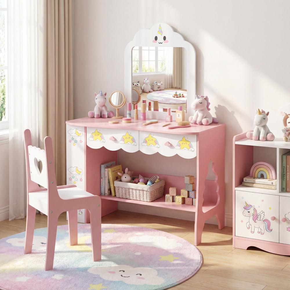 Kids vanity set in pink with a mirror, chair, and storage drawers, perfect for little girls' dress-up play.