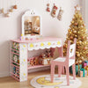 Kids vanity set with pink chair, large mirror, and storage shelves, perfect for little girls' dress-up play.