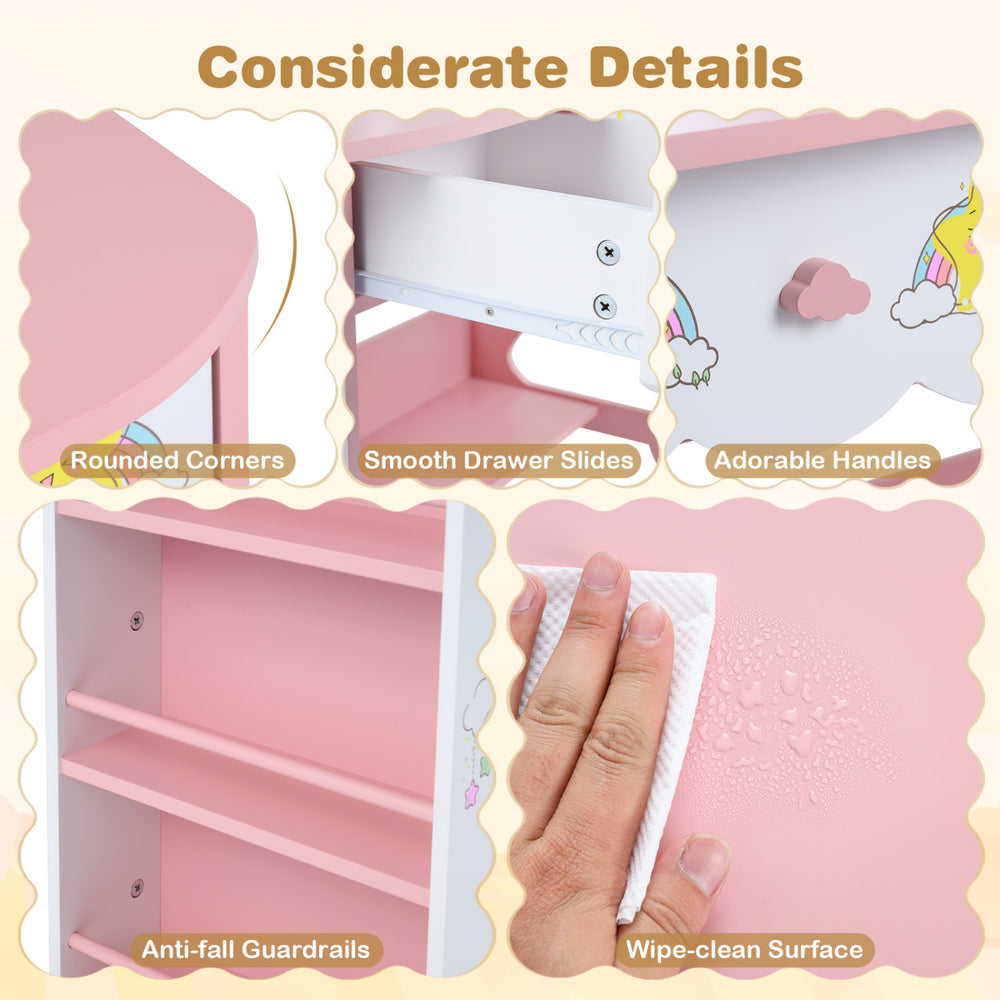 Kids vanity set featuring rounded corners, smooth drawer slides, and a large mirror for safe and fun dress-up play.