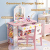 Kids vanity set with spacious tabletop, two drawers, and a large mirror, perfect for dress-up play and organization.