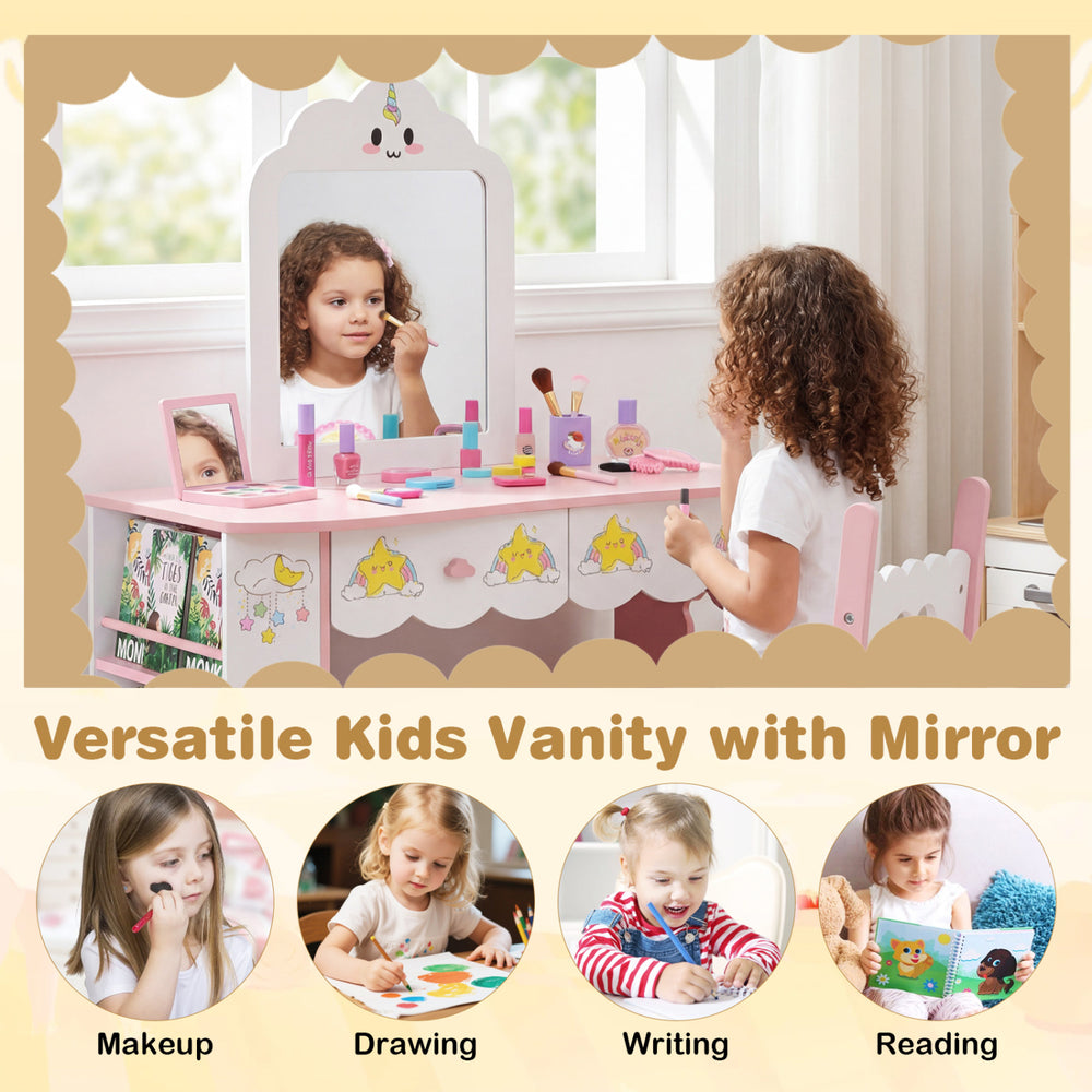Kids vanity set with mirror, white finish, featuring storage drawers and shelves for makeup, drawing, and reading.