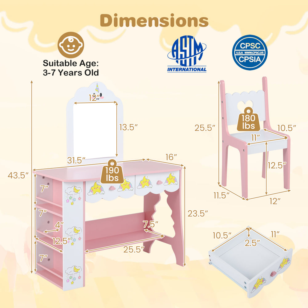 Kids vanity set with mirror and chair in white, featuring storage drawers and shelves, perfect for imaginative play.