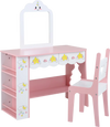 Kids vanity set with mirror and chair, featuring pink and white design, two drawers, and side shelves for storage.