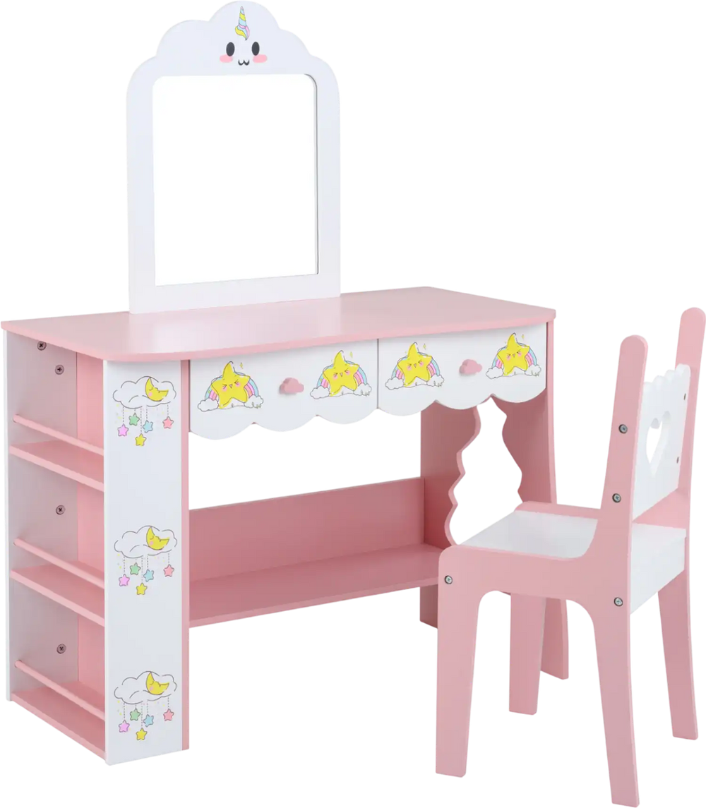 Kids vanity set with mirror and chair, featuring pink and white design, two drawers, and side shelves for storage.