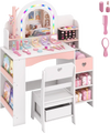 Kids vanity set with colorful LED lights, shatterproof mirror, and storage for makeup and jewelry, perfect for imaginative play.