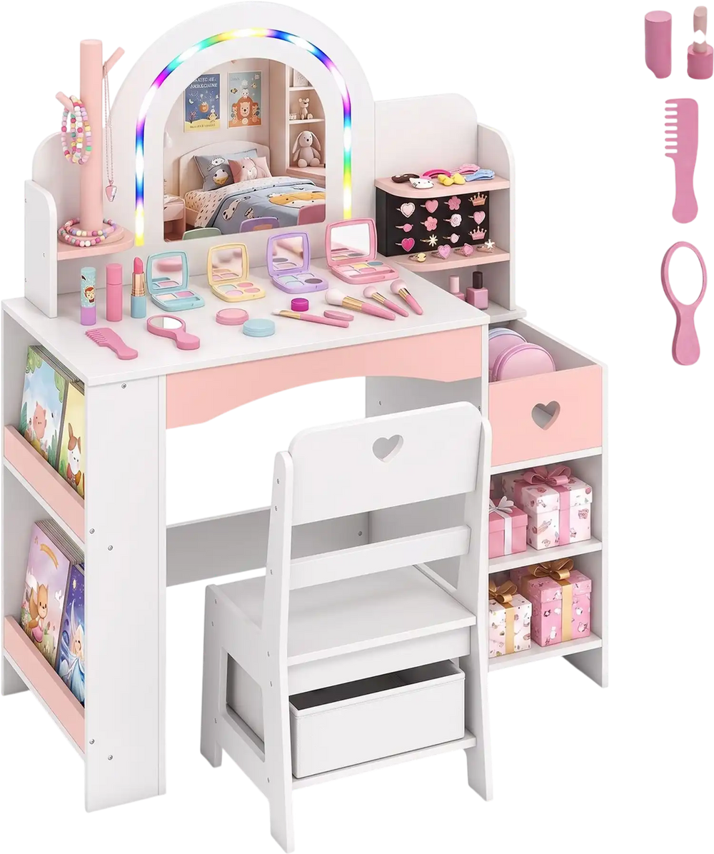 Kids vanity set with colorful LED lights, shatterproof mirror, and storage for makeup and jewelry, perfect for imaginative play.