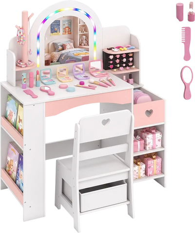 Costway Kids Vanity Set Colorful LED Lights Jewelry Stand 72335182 New
