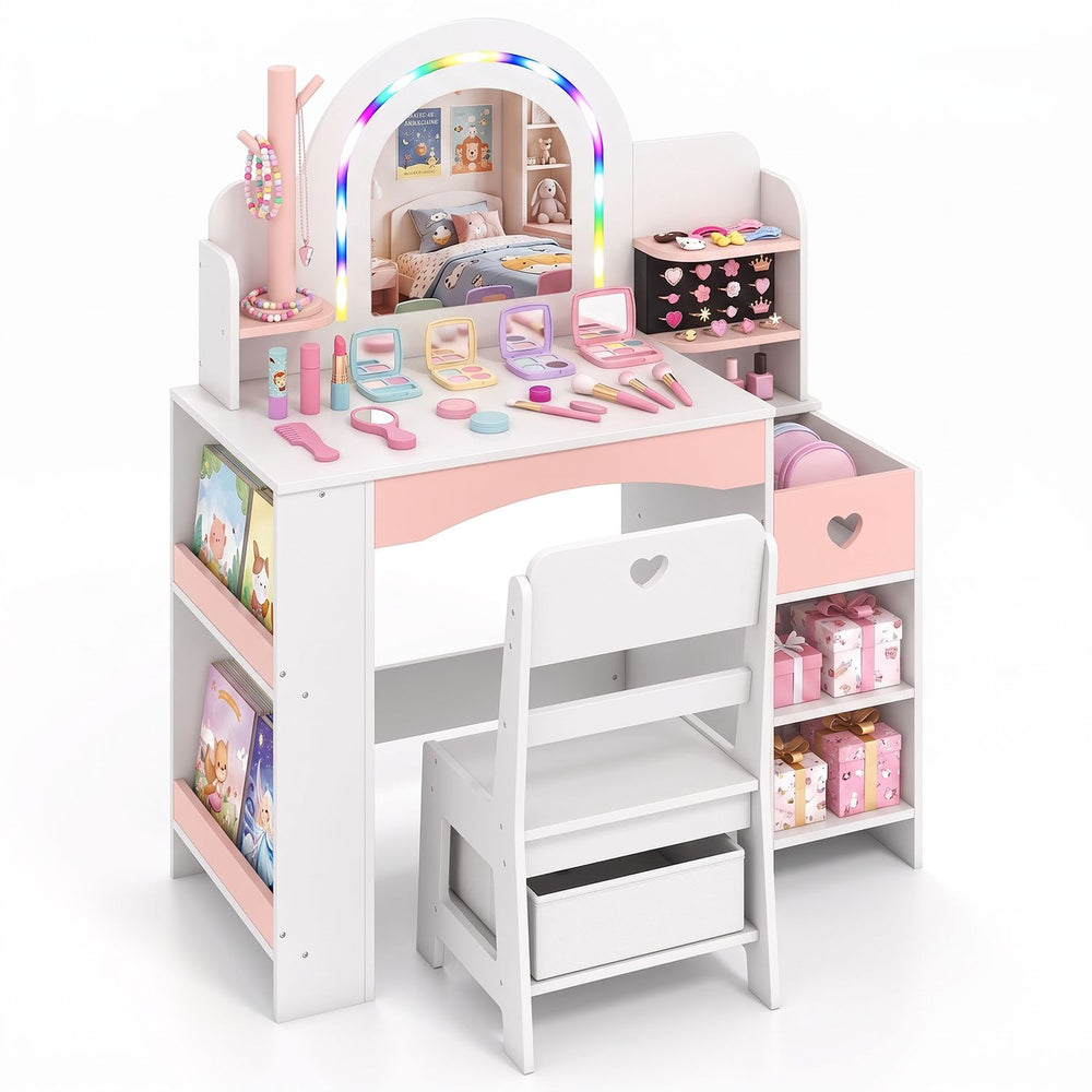 Kids vanity set with colorful LED lights, storage shelves, and jewelry stand for imaginative play and organization.