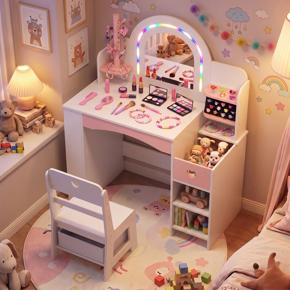 Kids vanity set in white with colorful LED lights, jewelry stand, and organized storage for imaginative play and creativity.