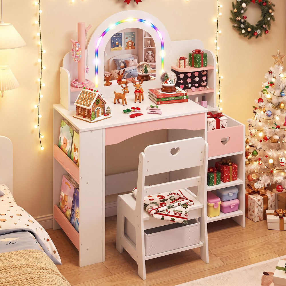 Kids vanity set in white with colorful LED lights, jewelry stand, and organized storage for imaginative play and study.