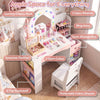 Kids vanity set with colorful LED lights, jewelry stand, and ample storage for imaginative play and organization.