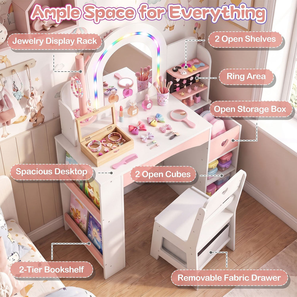 Kids vanity set with colorful LED lights, jewelry stand, and ample storage for imaginative play and organization.