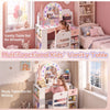 Kids vanity table set with colorful LED lights, jewelry stand, and storage, perfect for dressing or studying.