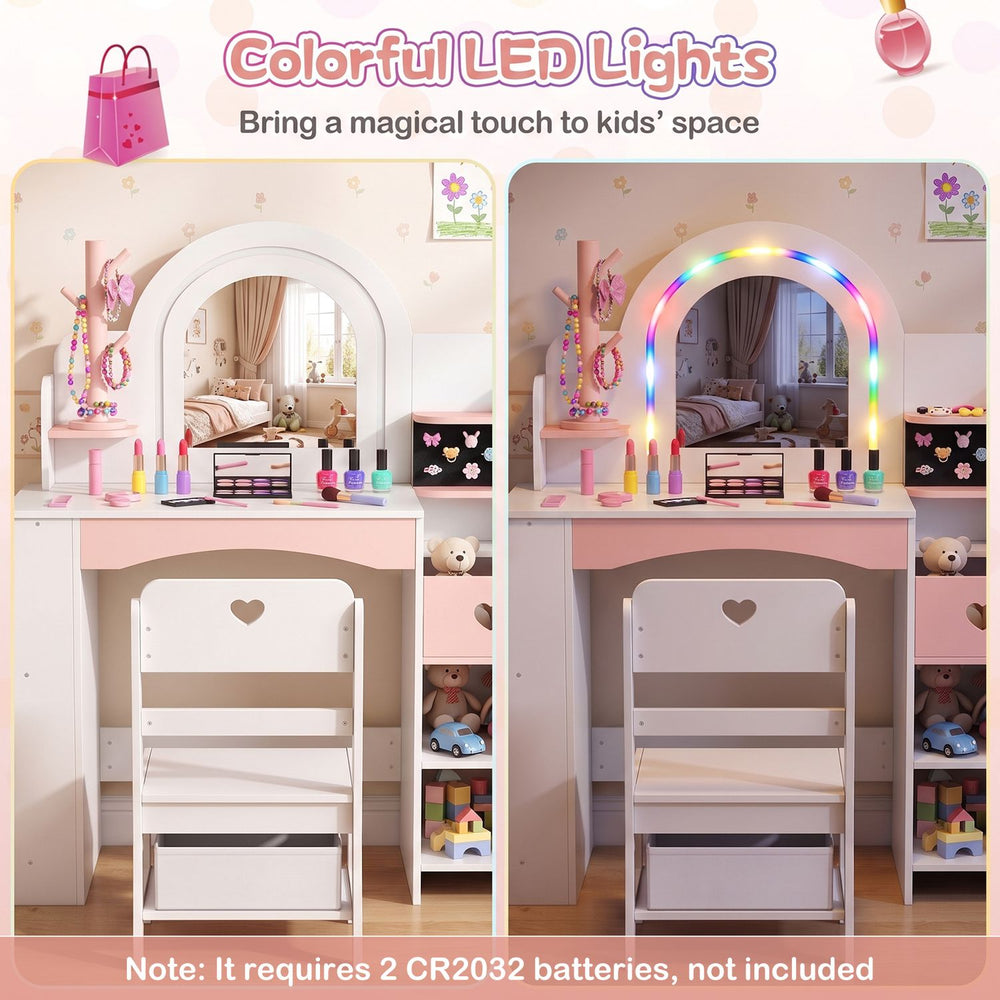 Kids vanity set in white features colorful LED lights, a jewelry stand, and organized storage for imaginative play.