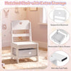 Kids vanity set featuring a white chair with supportive backrest and hidden fabric drawer for extra storage and stability.