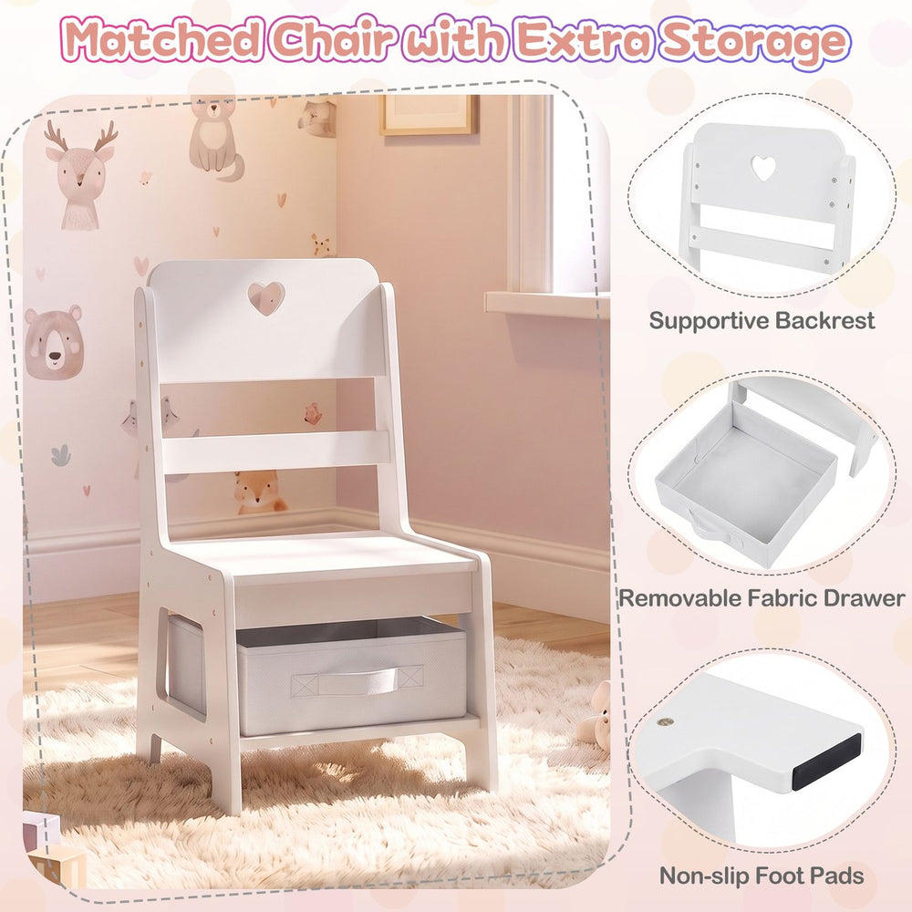 Kids vanity set featuring a white chair with supportive backrest and hidden fabric drawer for extra storage and stability.