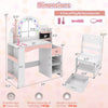 Kids vanity set in white includes a colorful LED mirror and a sturdy chair with hidden drawer for convenient storage.