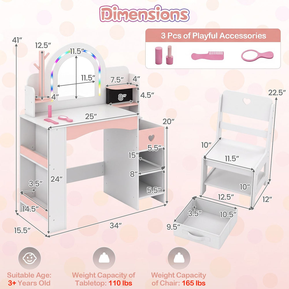 Kids vanity set in white includes a colorful LED mirror and a sturdy chair with hidden drawer for convenient storage.
