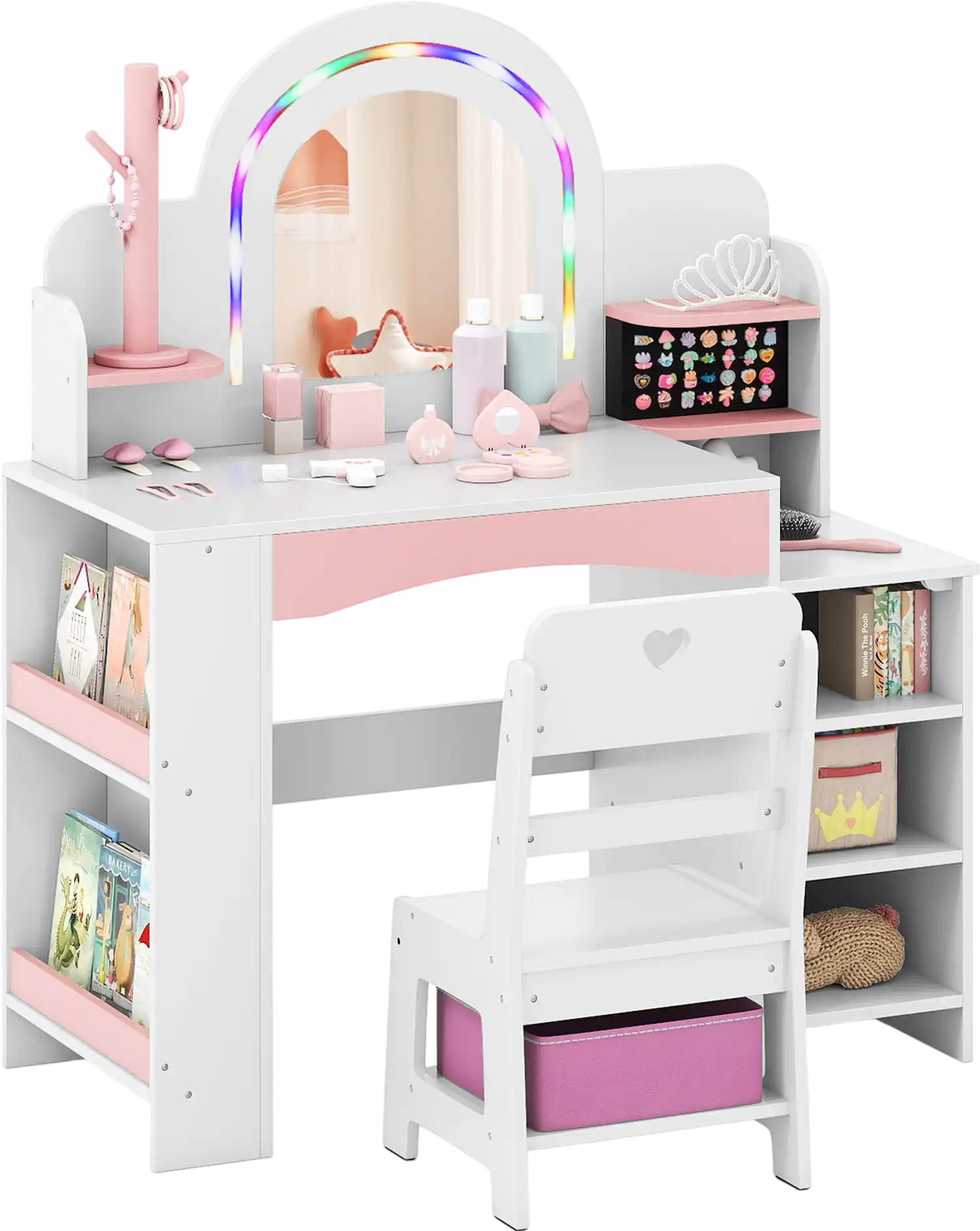 Costway Kids Princess Vanity Set Makeup Dressing Table w/ Chair LED Lights 76083196 New