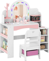 Kids vanity set with colorful LED lights, shatterproof mirror, and storage shelves for imaginative play and.