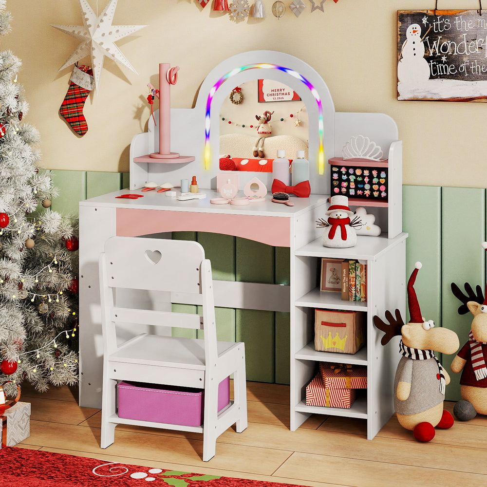 Kids Vanity Set with Colorful LED Lights Princess Makeup Dressing Table with Chair-White - Gallery View 1 of 9