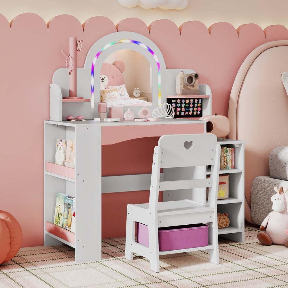 Kids vanity set featuring a charming tree-shaped jewelry holder and shatterproof mirror, perfect for imaginative play.