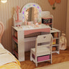 Kids vanity set with colorful LED lights, shatterproof mirror, and organized shelves for imaginative play and storage.