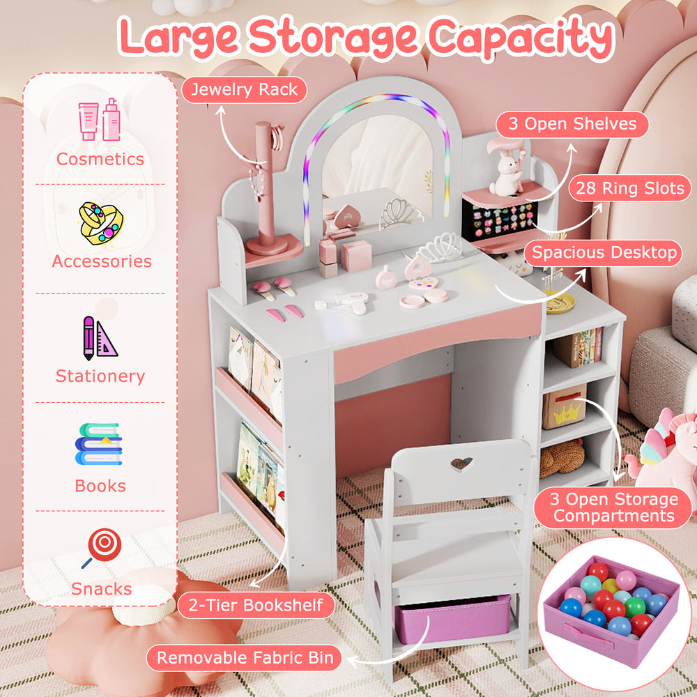 Kids vanity set with colorful LED lights, spacious desktop, and storage shelves for imaginative play and organization.