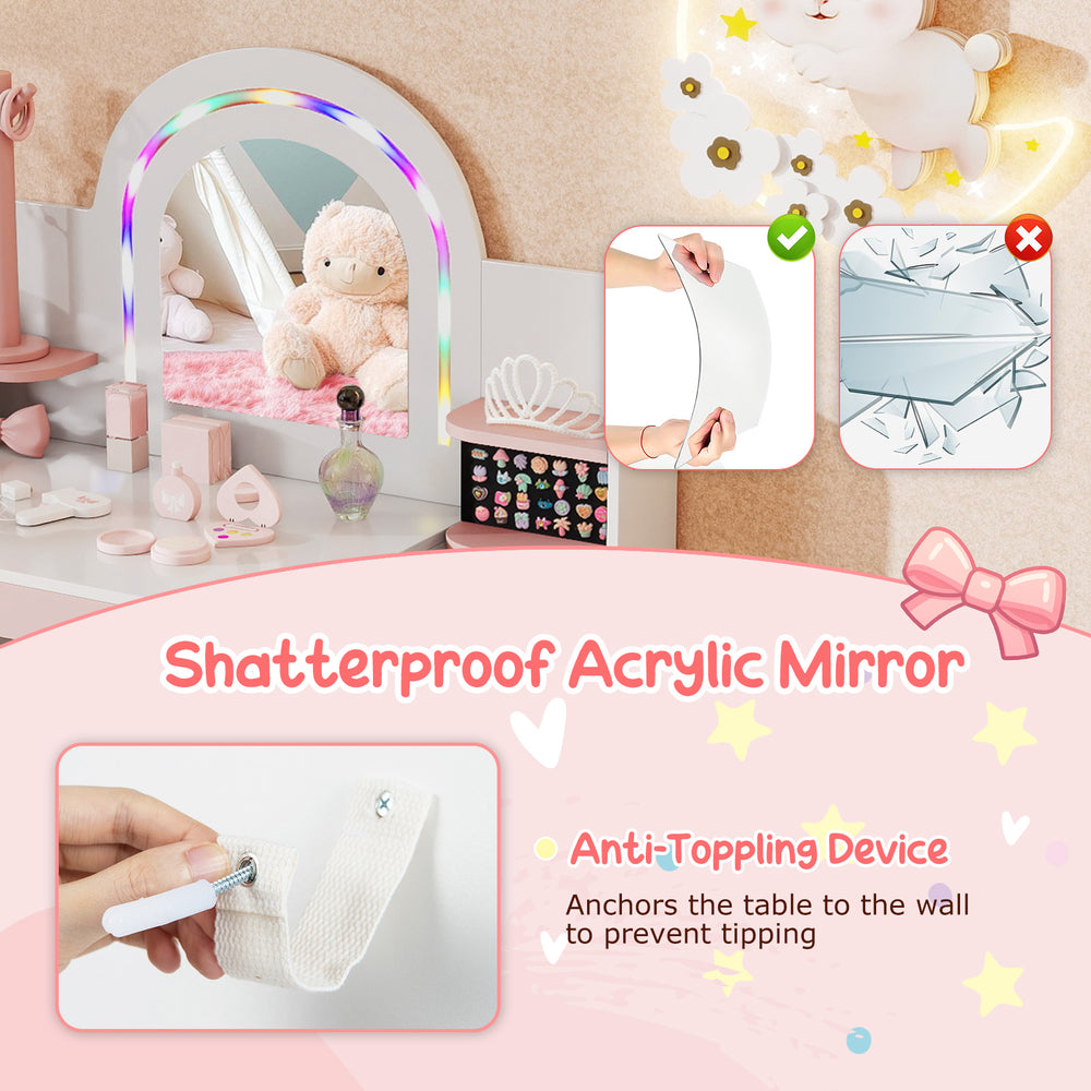 Kids vanity set with colorful LED lights, shatterproof mirror, and anti-toppling device for safe imaginative play.
