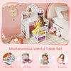 Kids vanity set with colorful LED lights, white table and chair, perfect for dressing, drawing, and imaginative play.