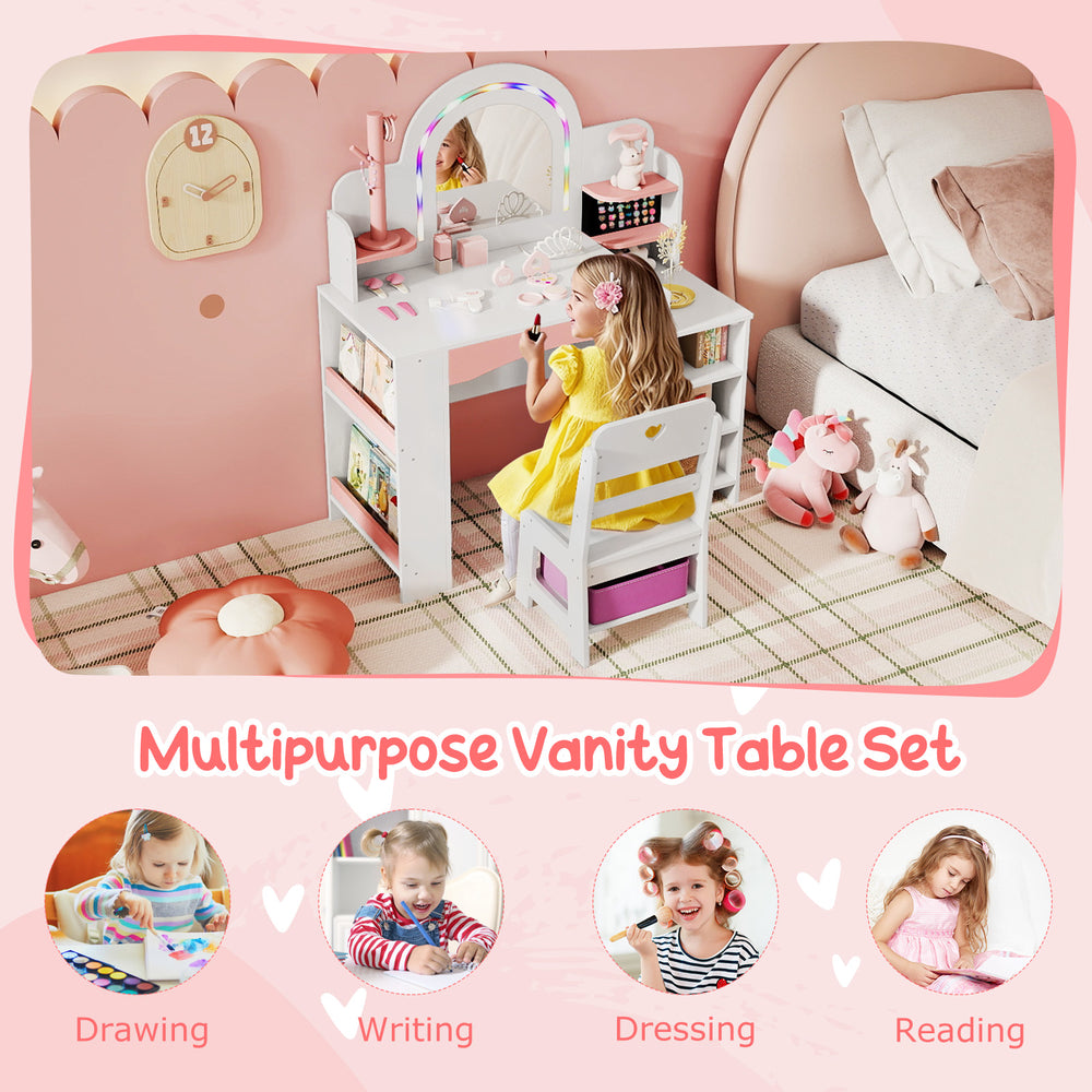 Kids vanity set with colorful LED lights, white table and chair, perfect for dressing, drawing, and imaginative play.