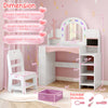 Kids vanity set with colorful LED lights, white dressing table and chair, ideal for imaginative play and storage.