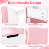 Kids vanity set features rounded corners, cut-out handles, and a wipe-clean surface in white and pink design.