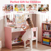 Kids vanity set in white and pink with chair, mirror, and storage shelves, perfect for children's makeup and drawing.