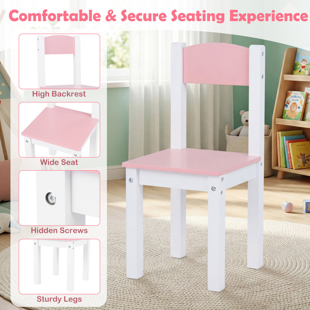 Kids vanity chair in white and pink with a high backrest and sturdy legs, perfect for a secure seating experience.