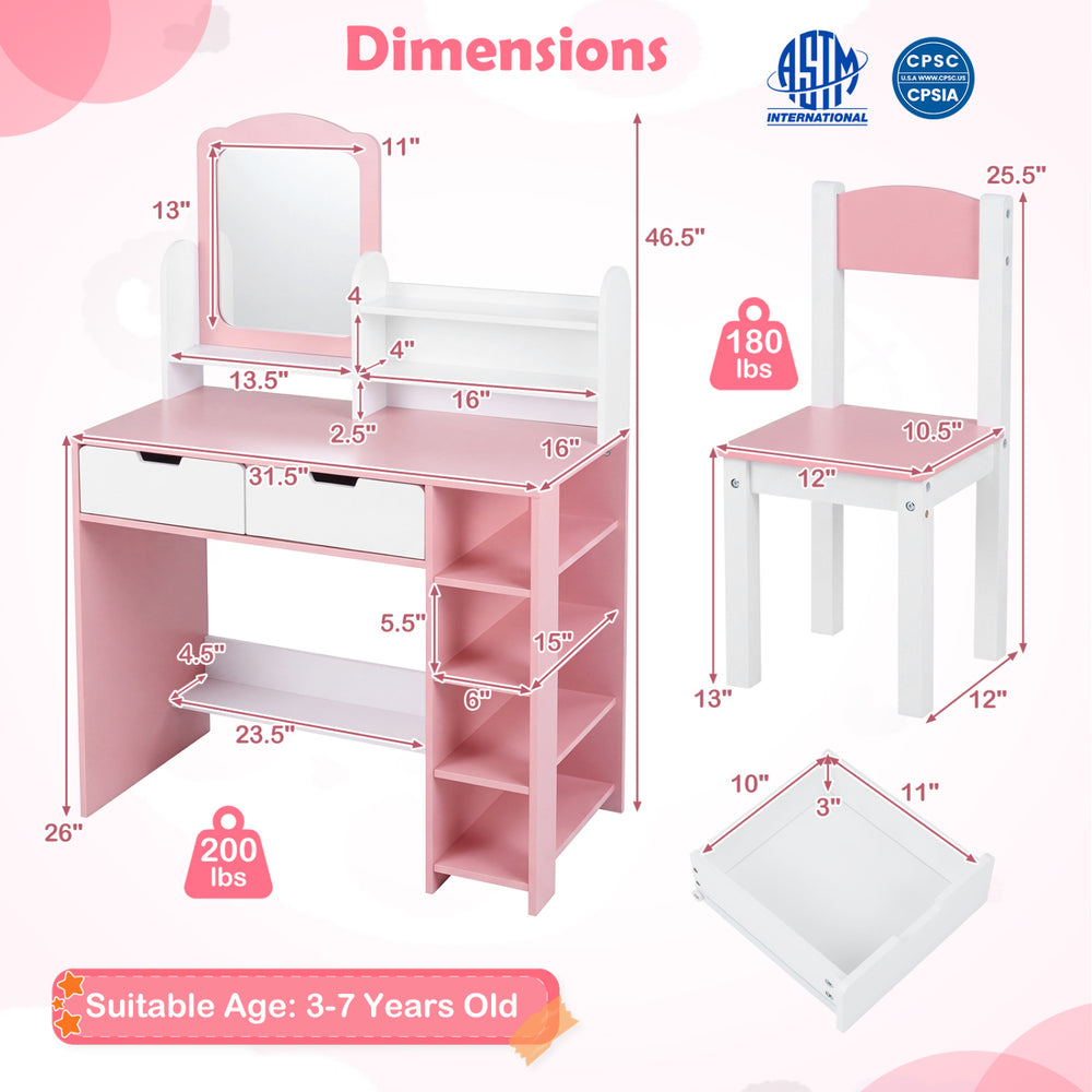 Kids vanity set featuring a pink and white dressing desk with mirror, chair, and storage shelves, suitable for ages 3-7.