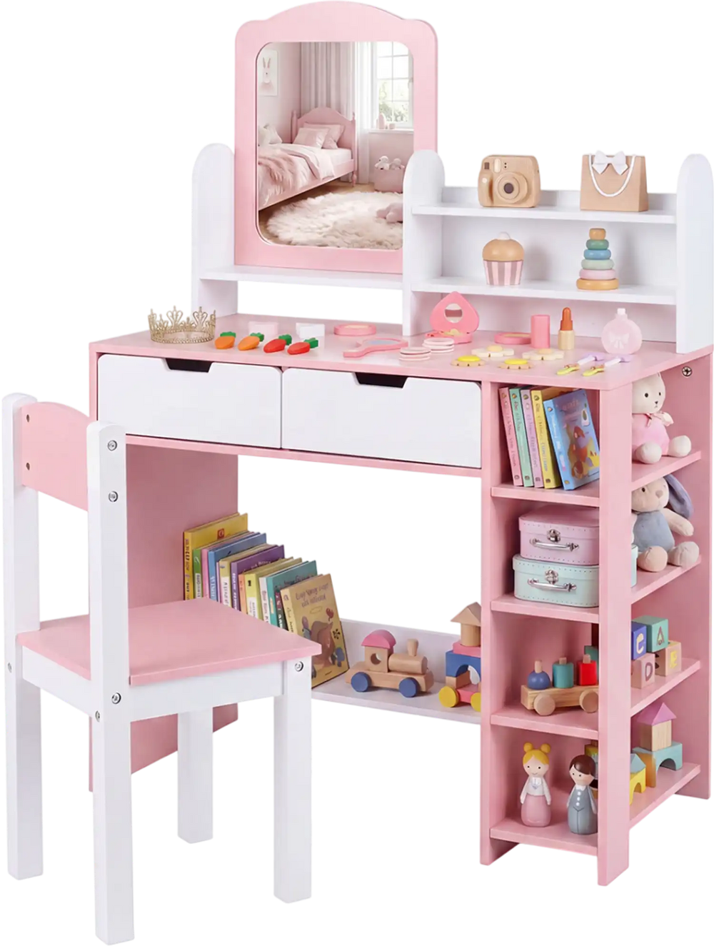 Kids vanity set in white and pink featuring a chair, mirror, storage shelves, and drawers for organized playtime.
