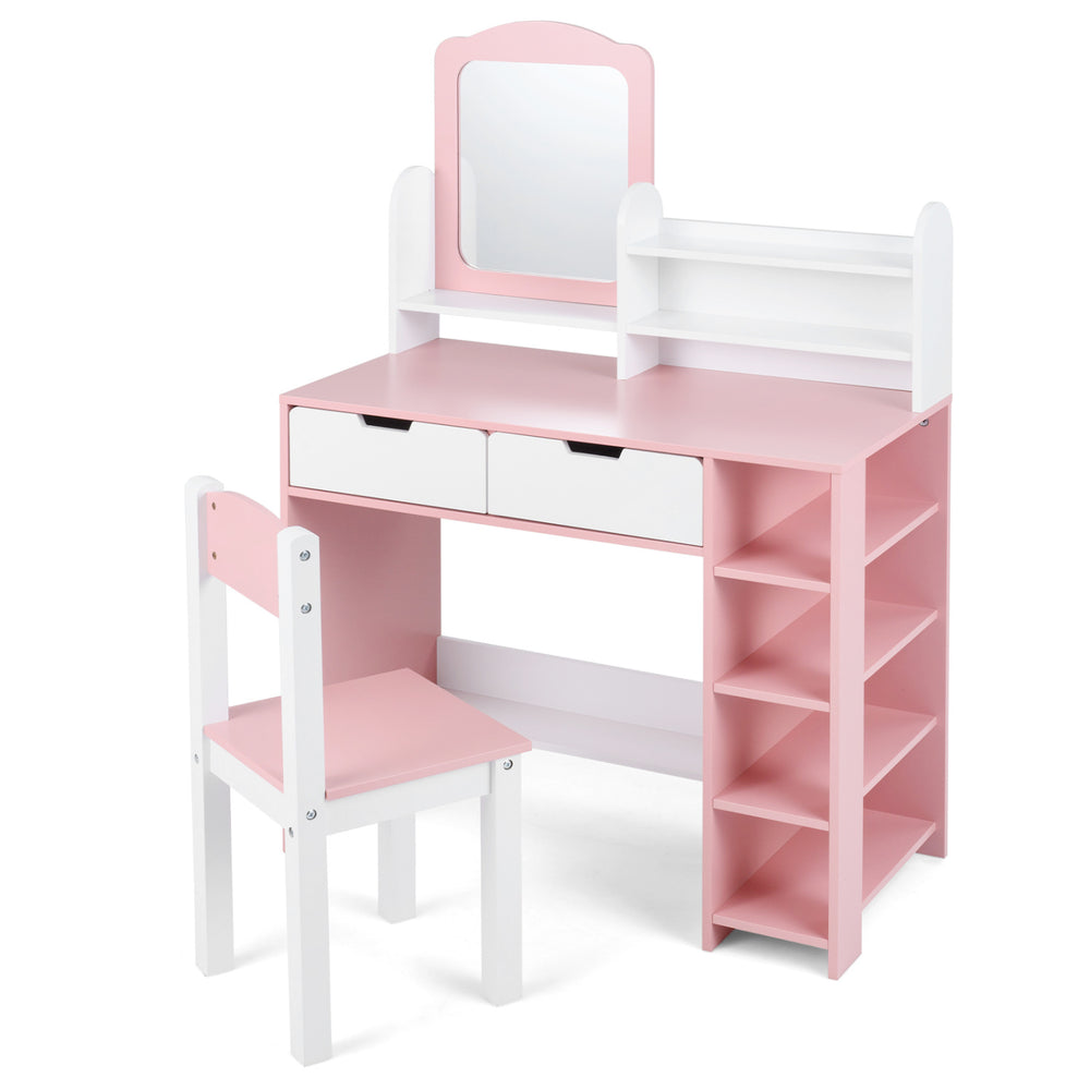 Kids vanity set in pink and white featuring a mirror, storage shelves, and drawers, perfect for a child's room.