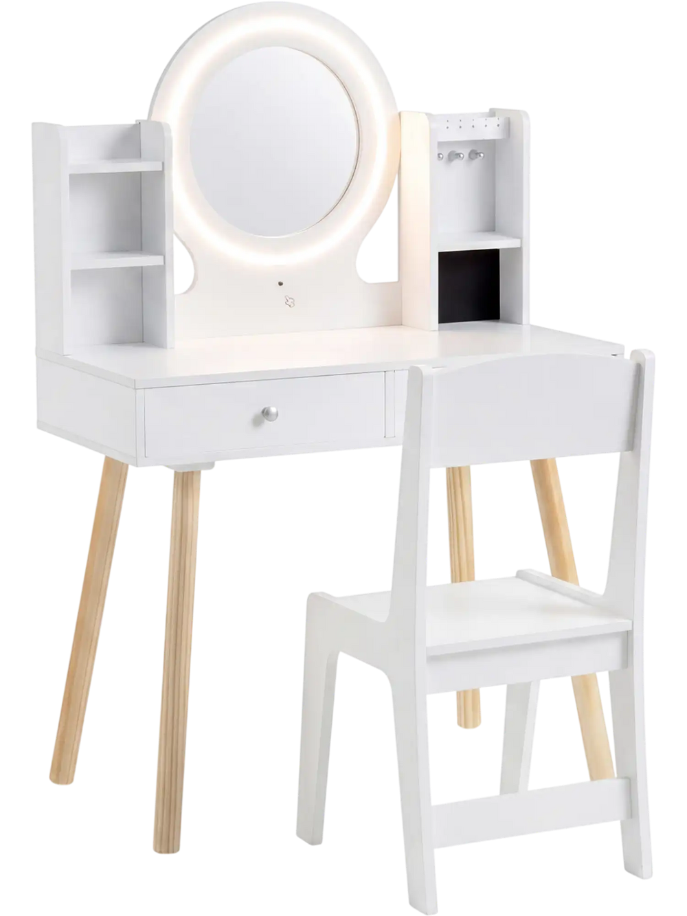 Kids vanity set in white featuring a lighted mirror, storage drawers, and solid pine wood legs for stability.