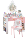 Kids vanity set in white and pink featuring a crown mirror, heart-shaped chair, and multiple storage options for playtime.