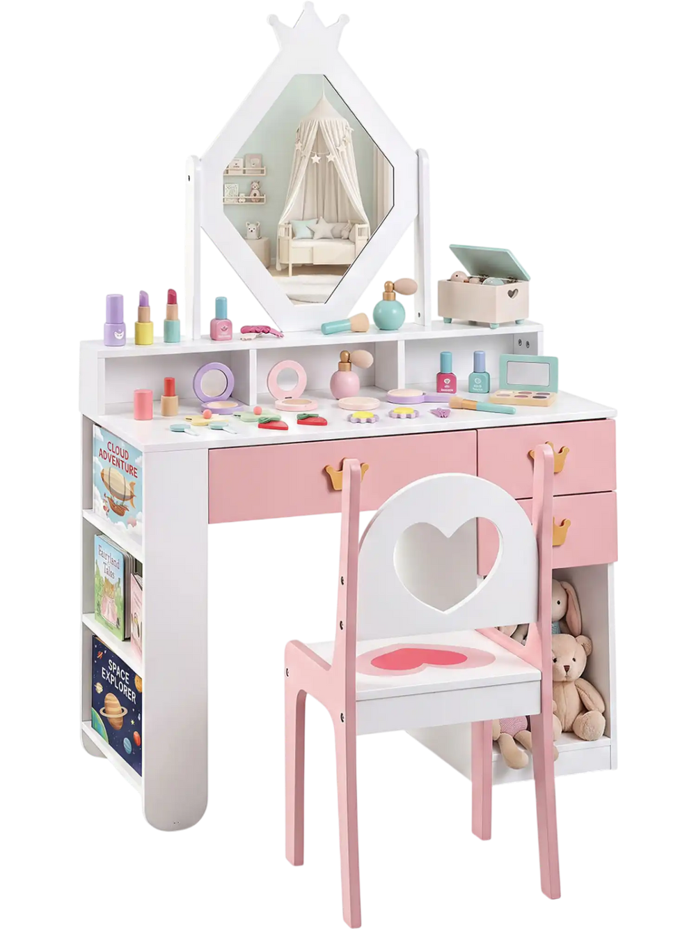 Kids vanity set in white and pink featuring a crown mirror, heart-shaped chair, and multiple storage options for playtime.