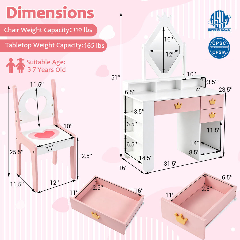 Kids vanity set in white and pink featuring a crown mirror, heart cutout chair, and ample storage for creative play.